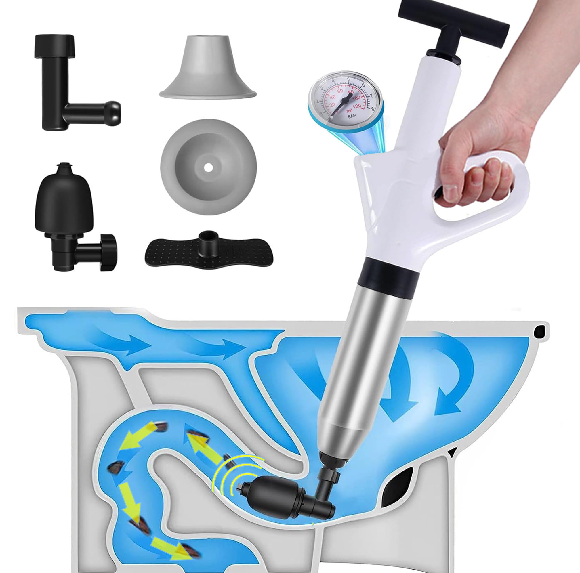 Photo 1 of Toilet Unclogger, Toilet Plunger Air Drain Blaster, Drain Clog Remover Tool, Stainless Steel Toilet Pipe Unclogger Plunger Gun for Sink, Toilets, Bathroom, Shower, Kitchen Clogged Pipe - White