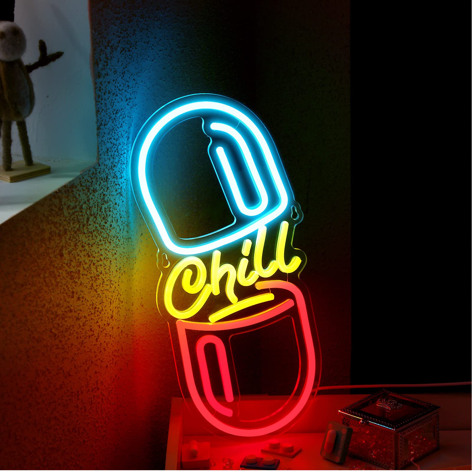 Photo 1 of Riakrum Chill Pill Neon Sign for Wall Decor LED Light up Sign Cool Room Decor for Men Bars Tattoo Shops Bedroom Dorm Art Wall Decoration USB Powered 16'' x 7''