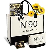 YeohJoy 90th Birthday Gifts for Women Canvas Tote Bag, Unique 90 Years Old Birthday Gifts for Aunt Mom Wife Friends Sister Her, EST.1936 Handbag & Makeup Bag & Back in 1936 Poster