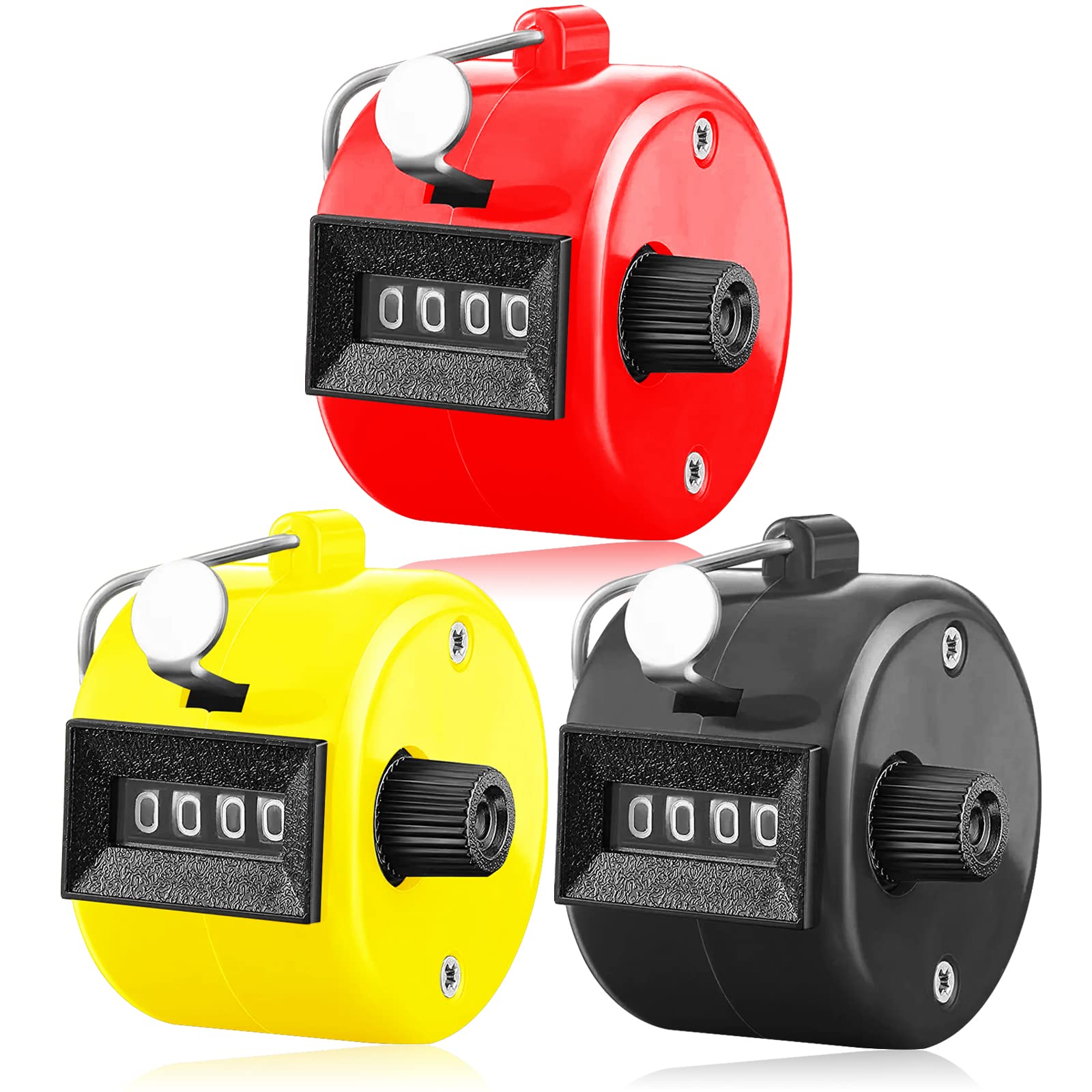 Tally Counters Clickers 4 Digit Mechanical Manual Palm Value 3 6 Pack, Number Lap Tracker Clickers With Metal Finger Ring Hoop Holder Assorted Handheld Tally Counter (3 Pack-Mixed(Red+Black+Yellow))
