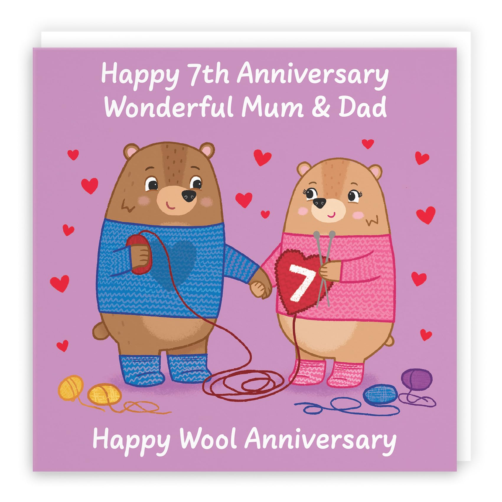 Hunts England - Mum And Dad 7th Anniversary Card - Wool Anniversary - Seventh Anniversary - 7 Years - Cute Fun Bears Card For Parents - Love Story Collection
