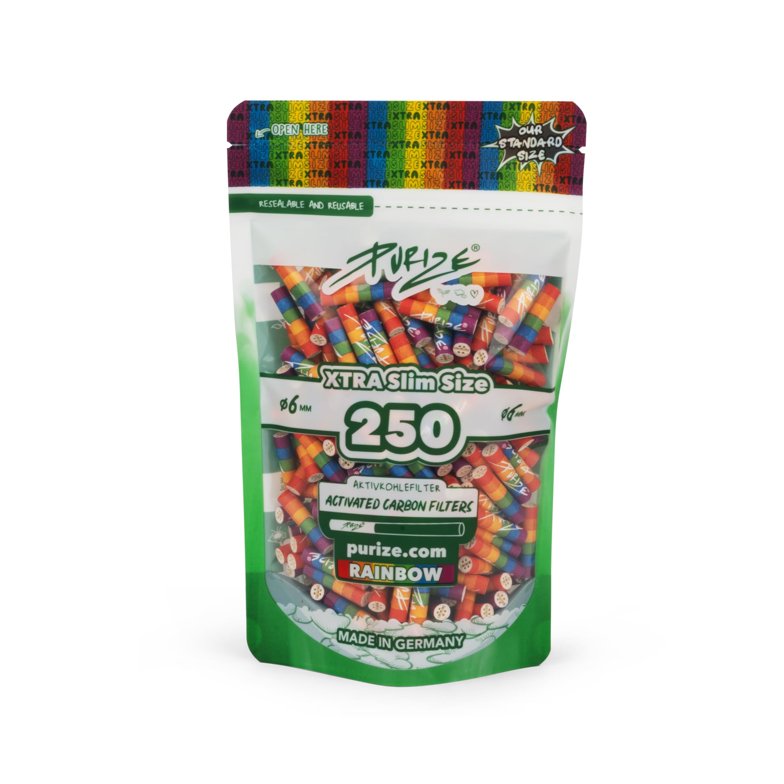 Xtra Slim Filter Tips Bags With Activated Charcoal by Purize (x250)-250pcs-Rainbow