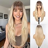 HAIRCUBE Long Straight Wigs for Women Layered Synthetic Wig with Bangs Blonde Color for Daily