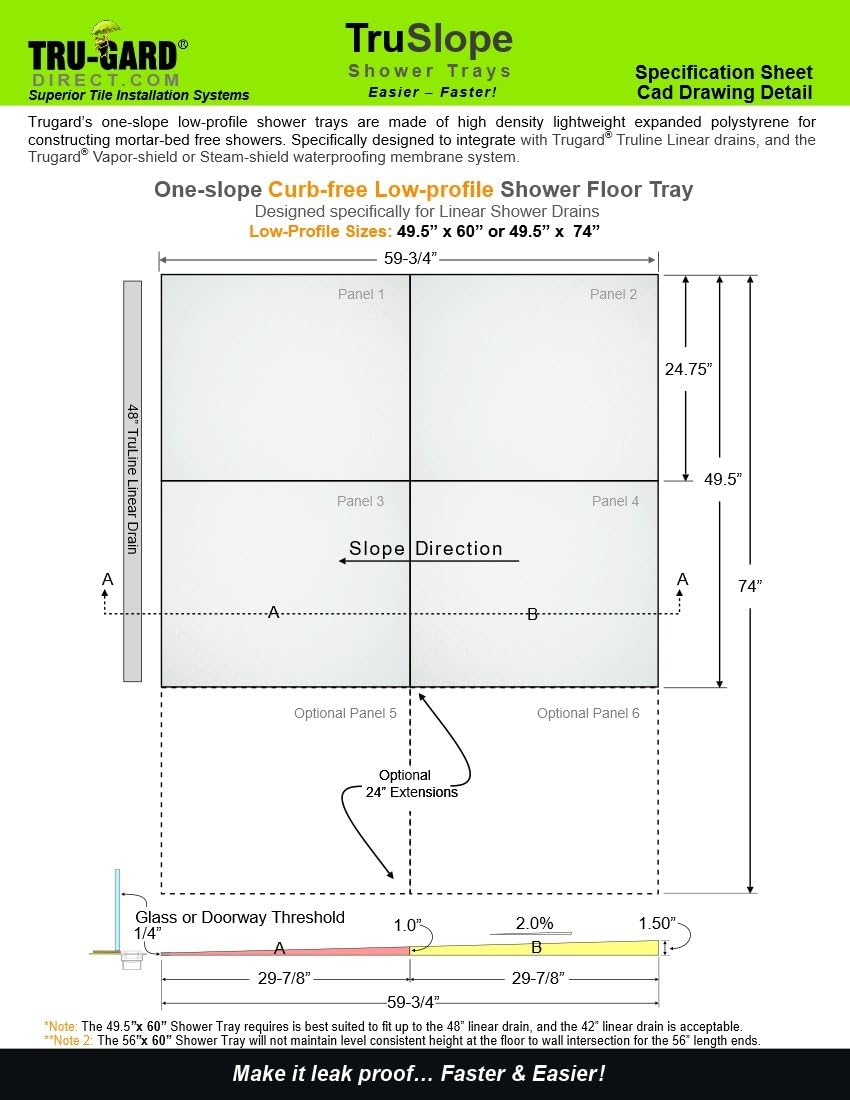 75 X 60 One Slope Curbless Linear Drain Shower Tray