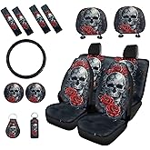 PCSJRKG Skull Rose Printed 15 Pcs Car Seat Cover Full Set, Car Interior Covers Set Front Rear Seat Covers with Steering Wheel Cover Seat Belt Covers Car Headrest Cover