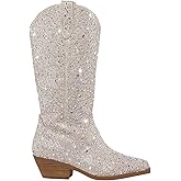 Atuelang Women's Rhinestone Cowboy Boots Sparkly Knee High Boots Fashion Pointed Toe Block Heel Mid Calf Cowgirl Short Ankle Booties