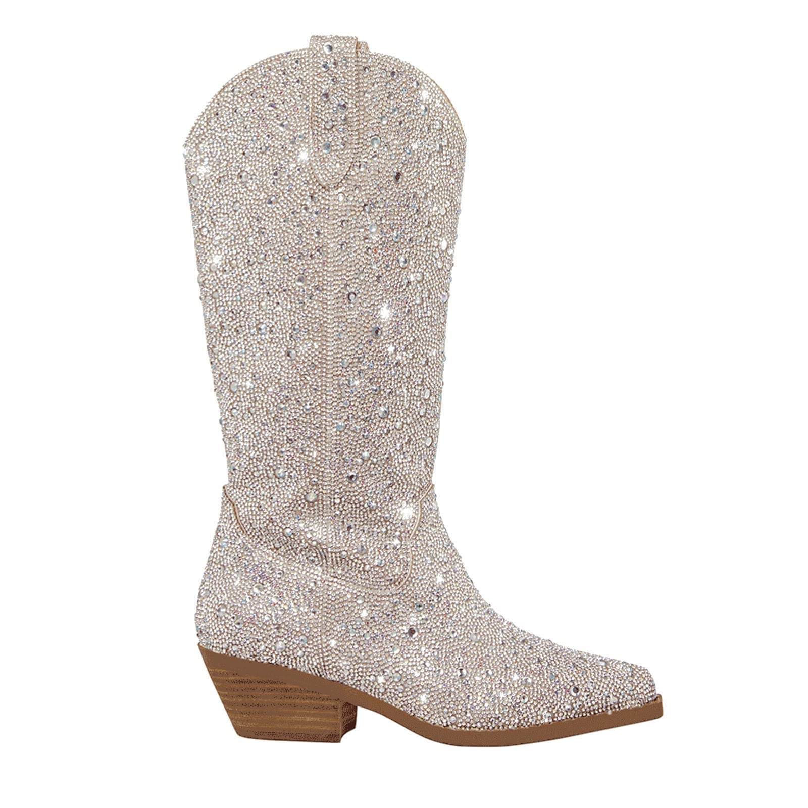 Photo 1 of Atuelang Women's Rhinestone Cowboy Boots Sparkly Knee-high Pointed Toe Chunky Heel Mid Calf Pull On Booties Silver 9