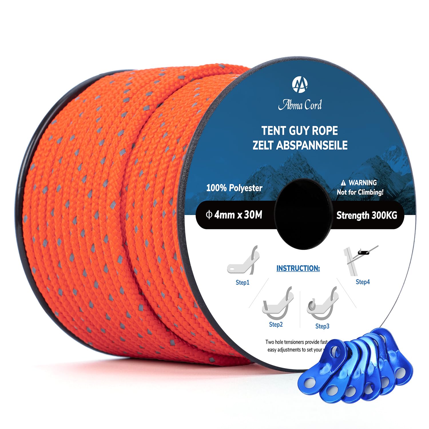 Abma Cord Tent Guy Ropes 4mm 30M Guy Line 6 Pcs Guy Rope Tensioners Heavy Duty Guide Rope for Camping, Gazebos, Awning, Tarp - Reflective Neon Orange