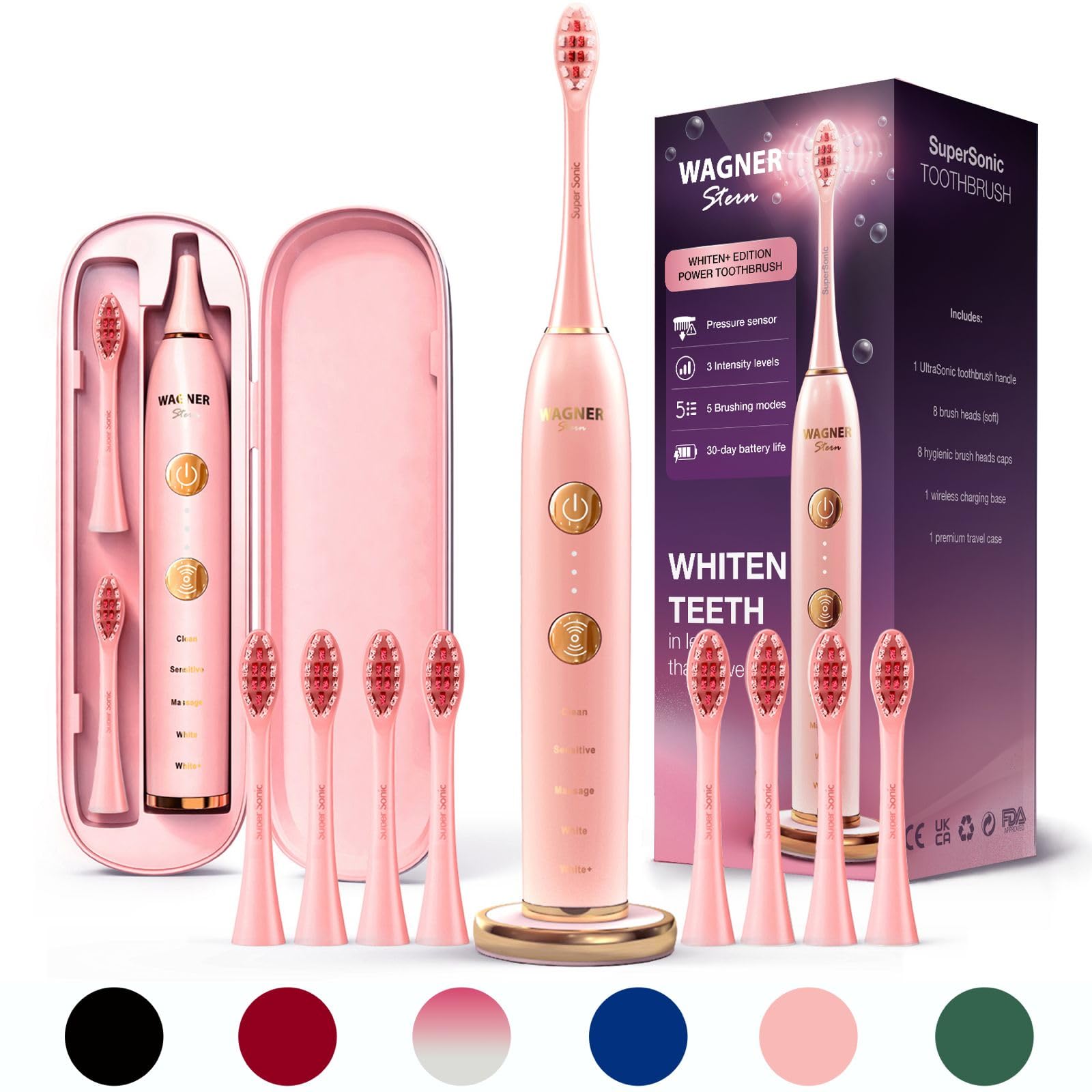 Wagner Stern WHITEN+ Edition. Whitening Electric Toothbrush with Pressure Sensor. Offers 5 Brushing Modes, 3 intensities, 8 Soft Brush Heads, and a Luxury Travel case.