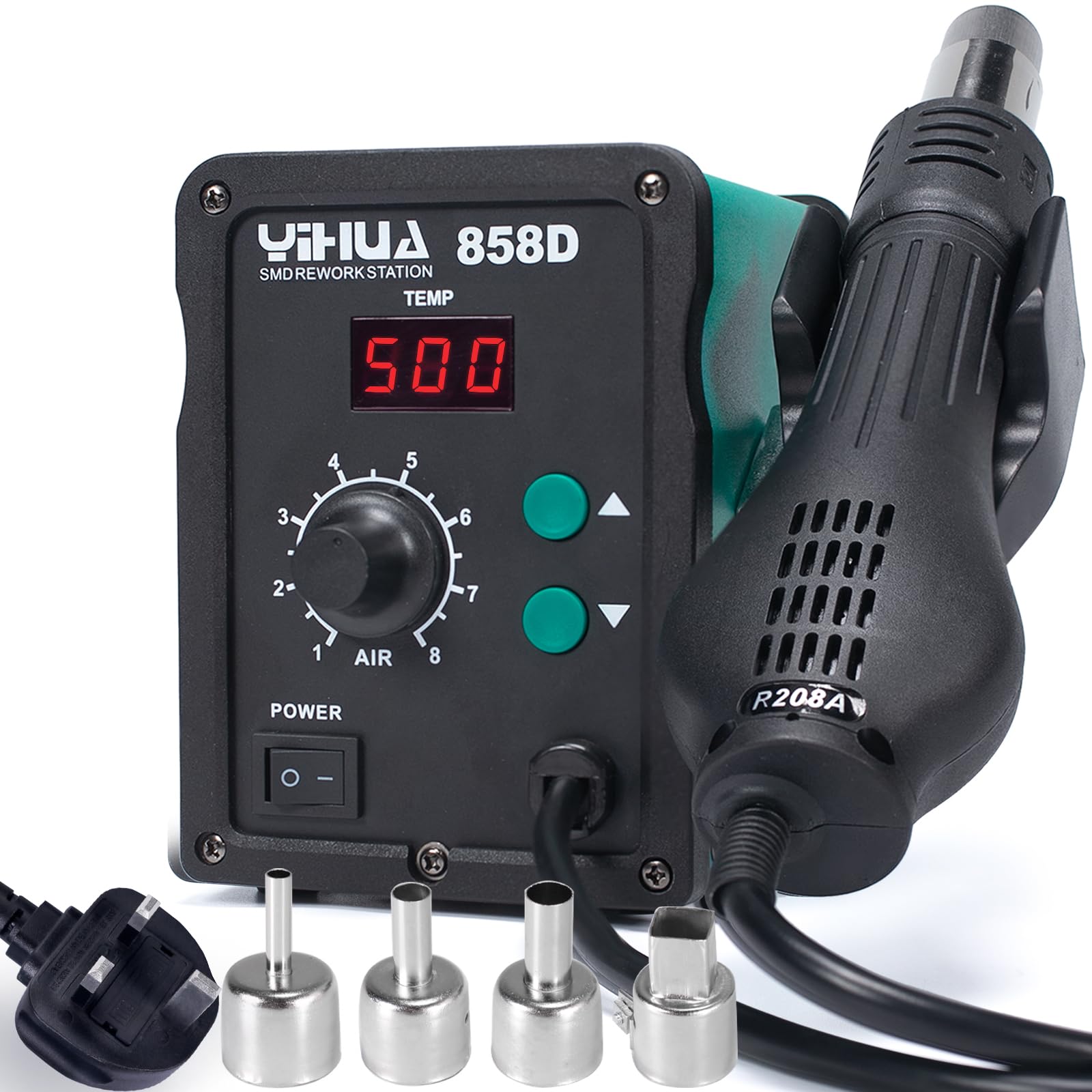 YIHUA 858D Hot Air Rework Station 700W for SMD Soldering and desoldering with Adjustable Temperature, Adjustable Air Volume, PID Temperature Control, Auto Start/Stop Function, 4 Hot Air Nozzles