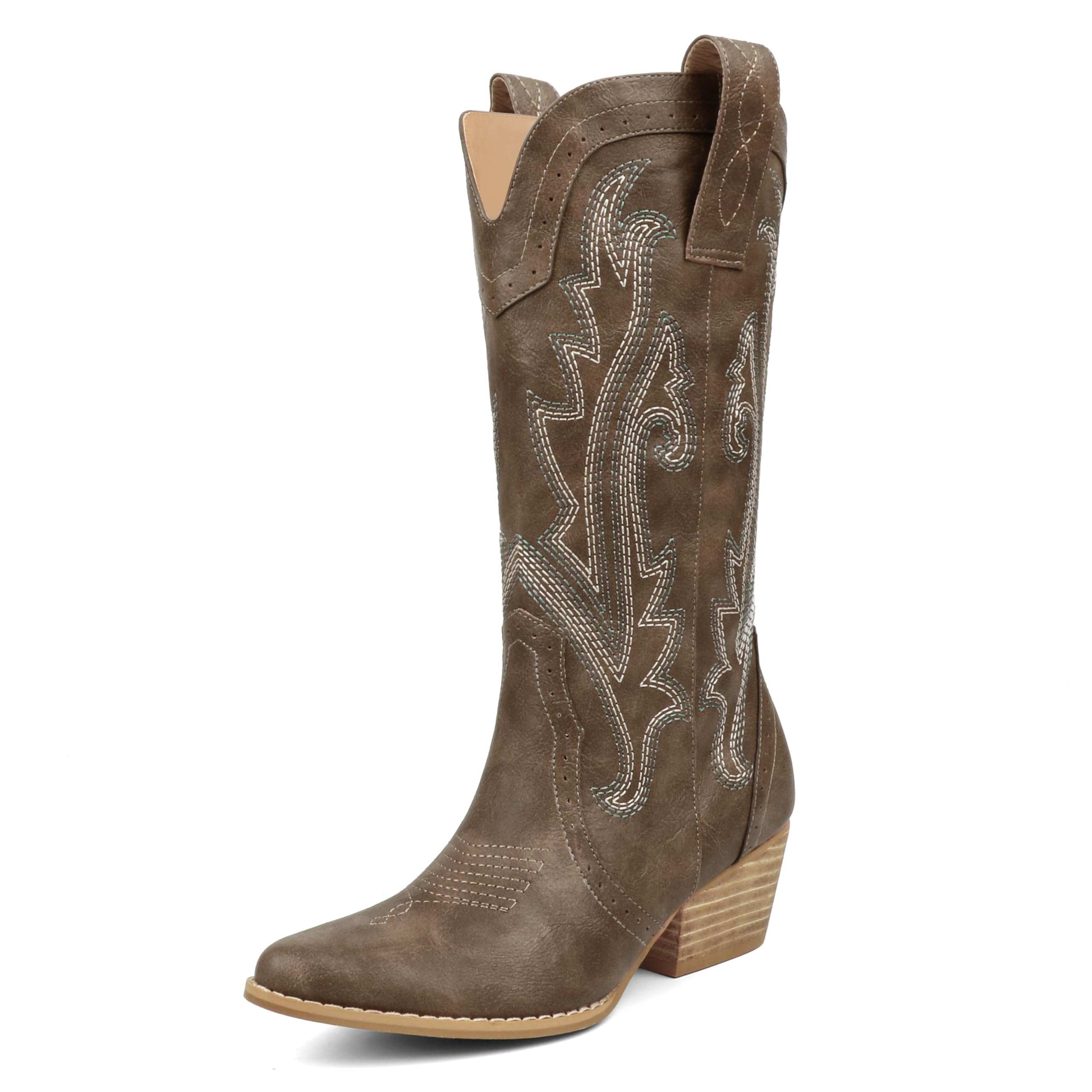 Photo 1 of MERUMOTE Women's Pointed Toe Embroidered Western Cowboy Pull On Winter Ankle Boots Brown US7.5