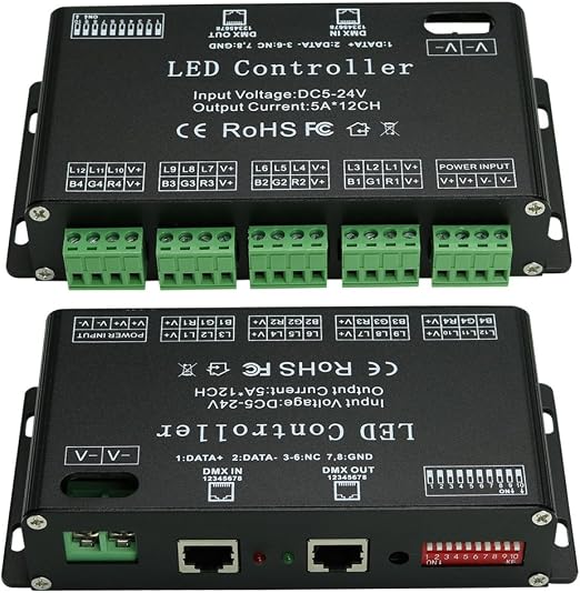 DMX 512 Decoder, controlador de atenuación DMX512 controlador para tira de cinta LED RGB de luz RJ45 conexión DC5-24V 5A/CH (12 canales): Amazon.es: Iluminación