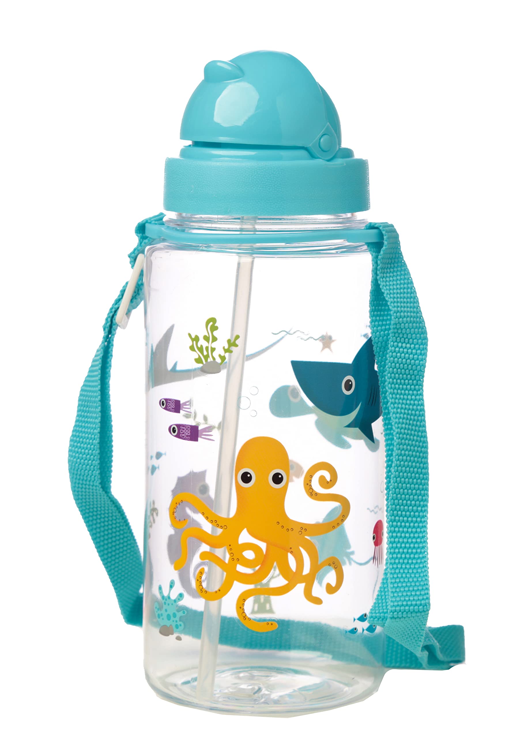 Puckator Splosh - Kids Drinks Bottle With Straw - Reusable Water Bottle For Girls And Boys With An Attached Long Strap - Bpa Free - For School Nursery - Cute Sealife Design - Pp 450ml