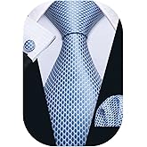 Barry.Wang Plaid Ties Check Mens Necktie Set with Handkerchief Cufflinks Classic Stripe