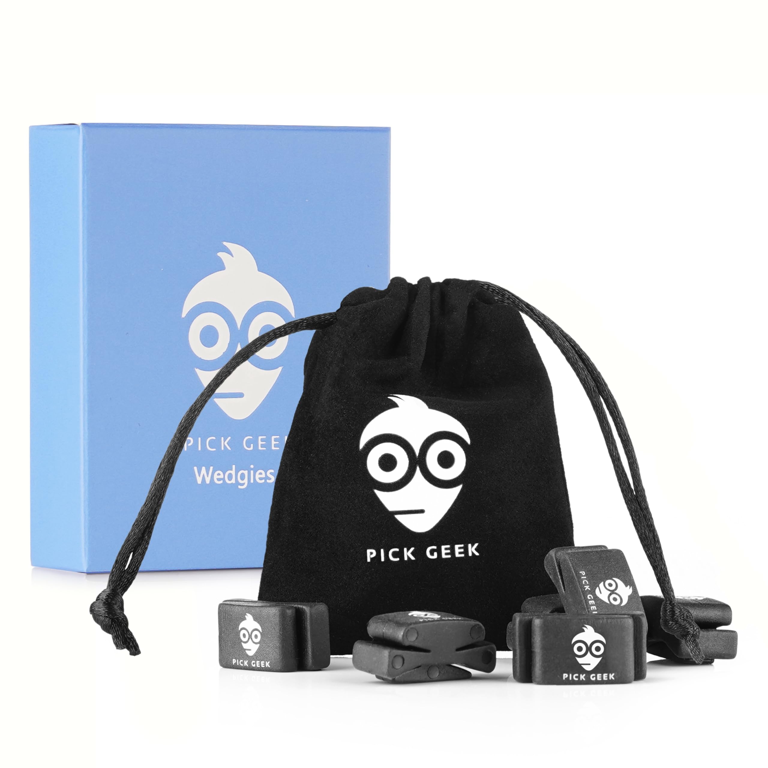 Pick Geek Wedgie Pick Holder Set | 6 x Wedgie Pick Holders | Fits Electric, Acoustic and Bass Guitars | Gifted in a Unique Linen Plectrum Bag | Includes a FREE Pick Geek Steel Pick