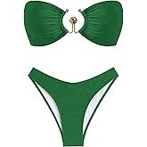 ZAFUL Womens Bandeau Bikini Set Metallic Sparkly O Ring Lace Up Tie Side High Cut Tanga Sexy Bathing Suit Swimwear