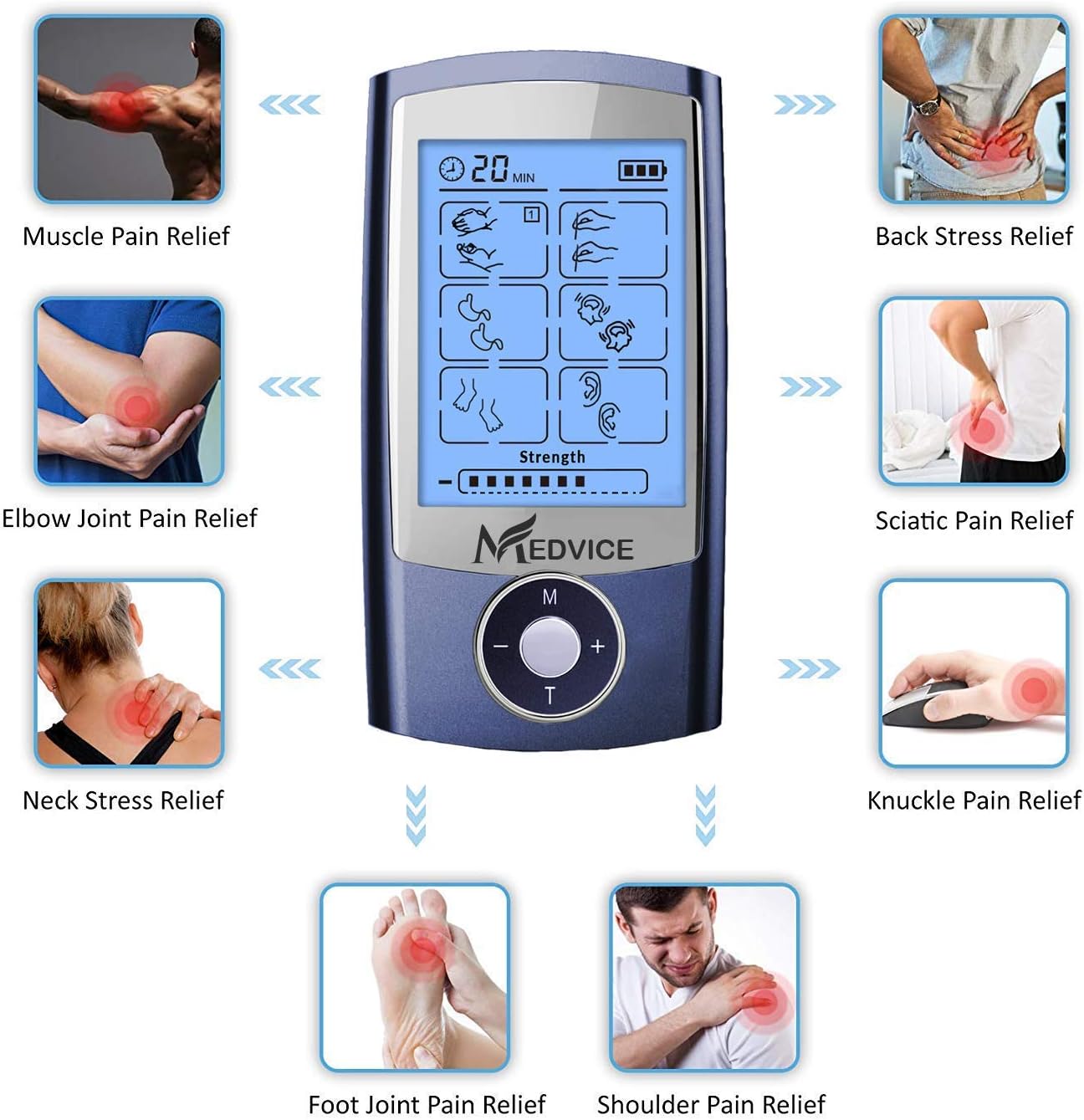 MEDVICE Rechargeable Tens Unit Muscle Stimulator, 2nd Gen 16 Modes & 8 Upgraded Pads for Natural Pain Relief & Management, FDA Cleared Electric Pulse Impulse Mini Massager Machine: Health & Personal Care