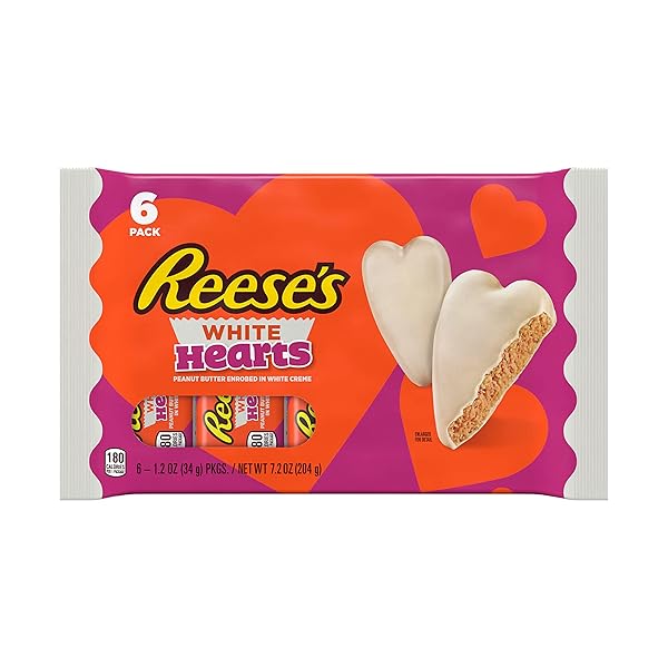 REESE’S WHITE CREME PEANUT BUTTER HEARTS, VALENTINE’S CANDY PACKS, 1.2 OZ (6 COUNT)