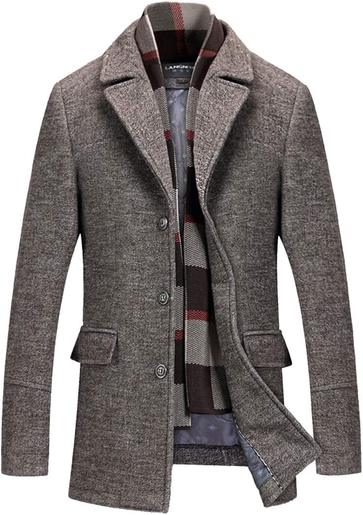 INVACHI Men's Wool Blend Pea Coat Warm Winter Trench Coat with Detachable Soft Scarf Single Breasted Overcoat