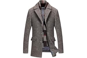 INVACHI Men's Wool Blend Pea Coat Warm Winter Trench Coat with Detachable Soft Scarf Single Breasted Overcoat