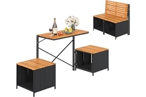 HAPPYGRILL 2-in-1 Outdoor Storage Bench Convertible Picnic Table and Chairs Set with Metal Frame, Acacia Wood Rattan Patio Loveseat for Garden, Backyard, Porch, Deck