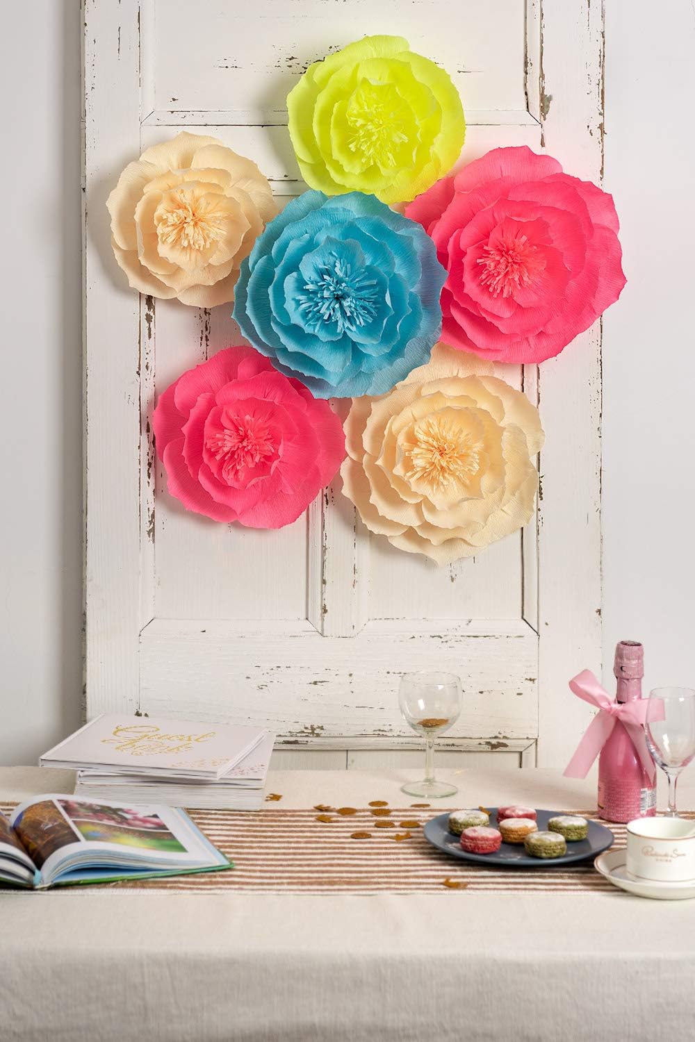 Amazon Com Paper Flower Decorations Large Crepe Paper Flowers Handcrafted Flowers Giant Paper Flowers Pink Blue Yellow Champagne Set Of 6 For Wedding Bridal Shower Baby Shower Nursery Wall Decor Kitchen Dining