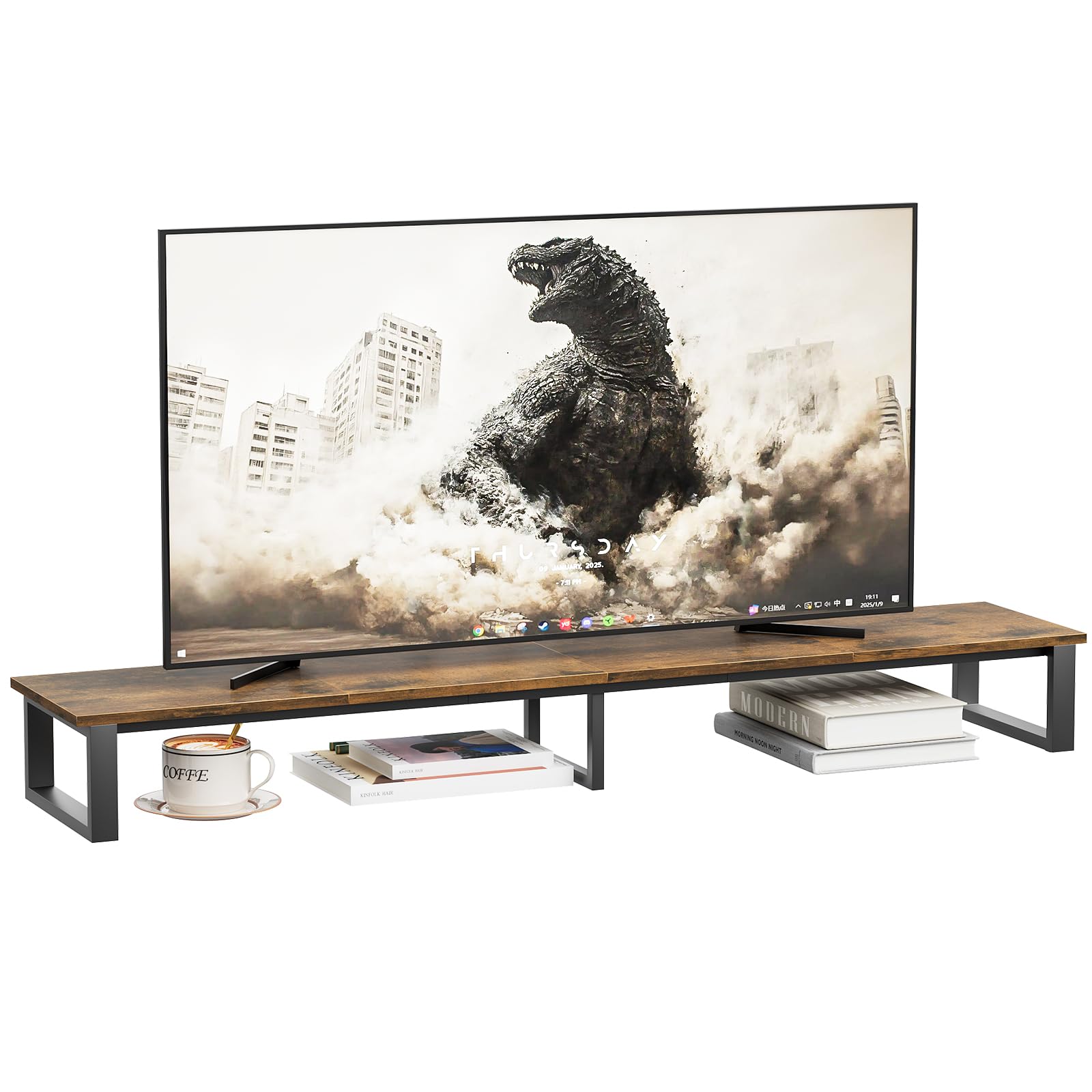 Photo 1 of aboxoo 59" Large TV Riser Stand for 32-75 Inch TV, TV Shelf with Steel Legs, Tabletop TV Riser for Home Living Room, Study Office (Brown)