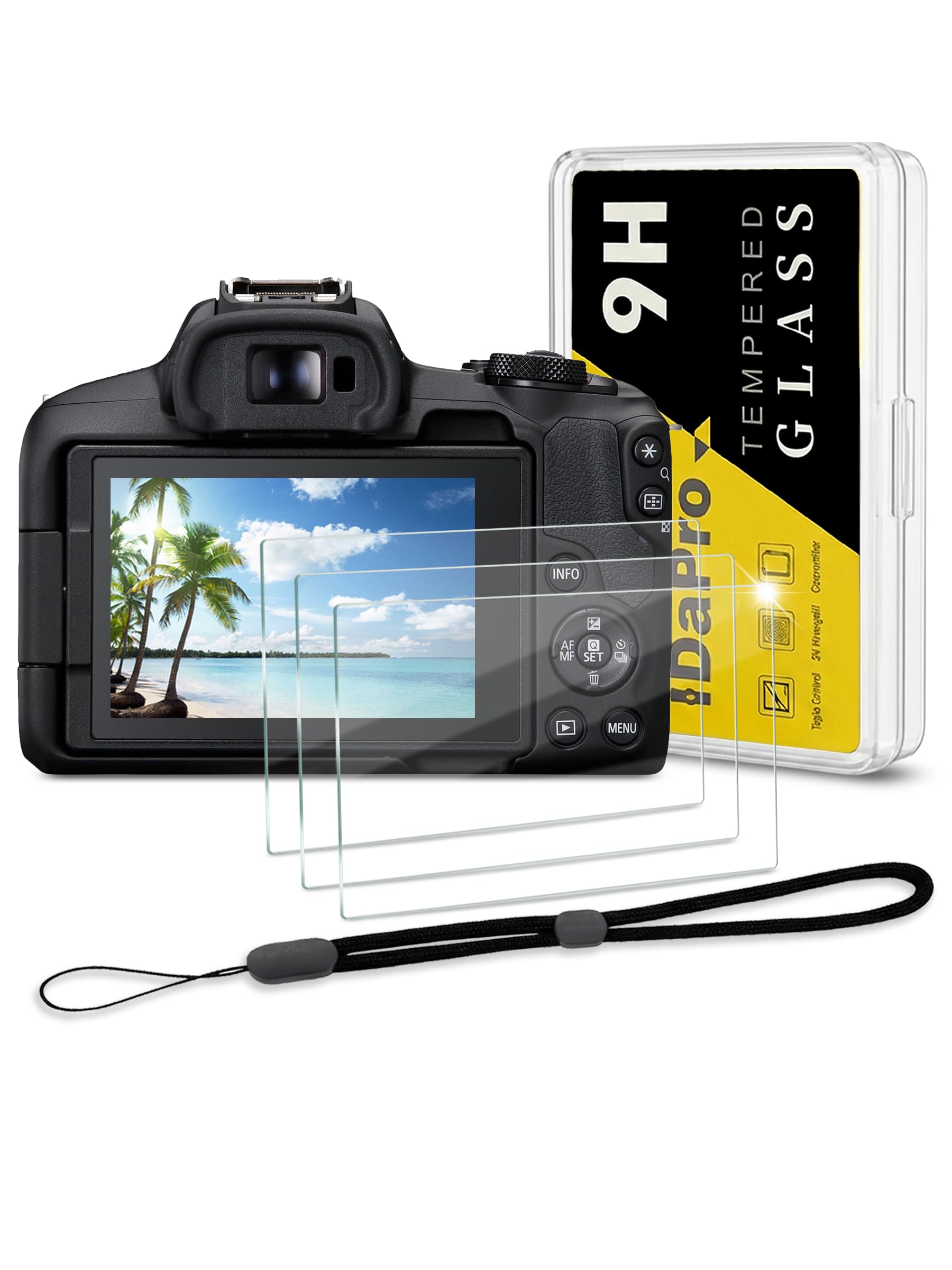 iDaPro Screen Protector for Canon EOS R50 + Hand Lanyard [3+1 Pack] Tempered Glass Easy Installation