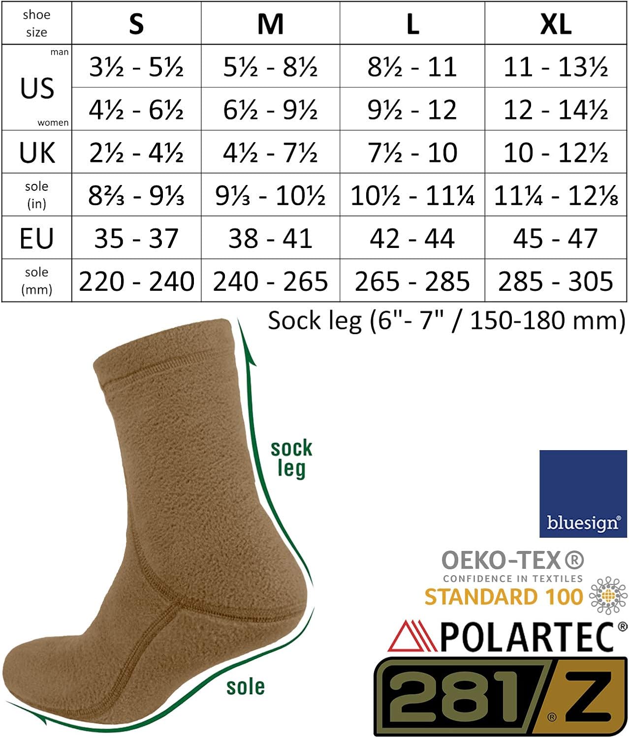 281Z Outdoor Warm 6 inch Liners Boot Socks - Military Tactical Hiking Sport - Polartec Fleece Winter Socks (Coyote Brown): Clothing