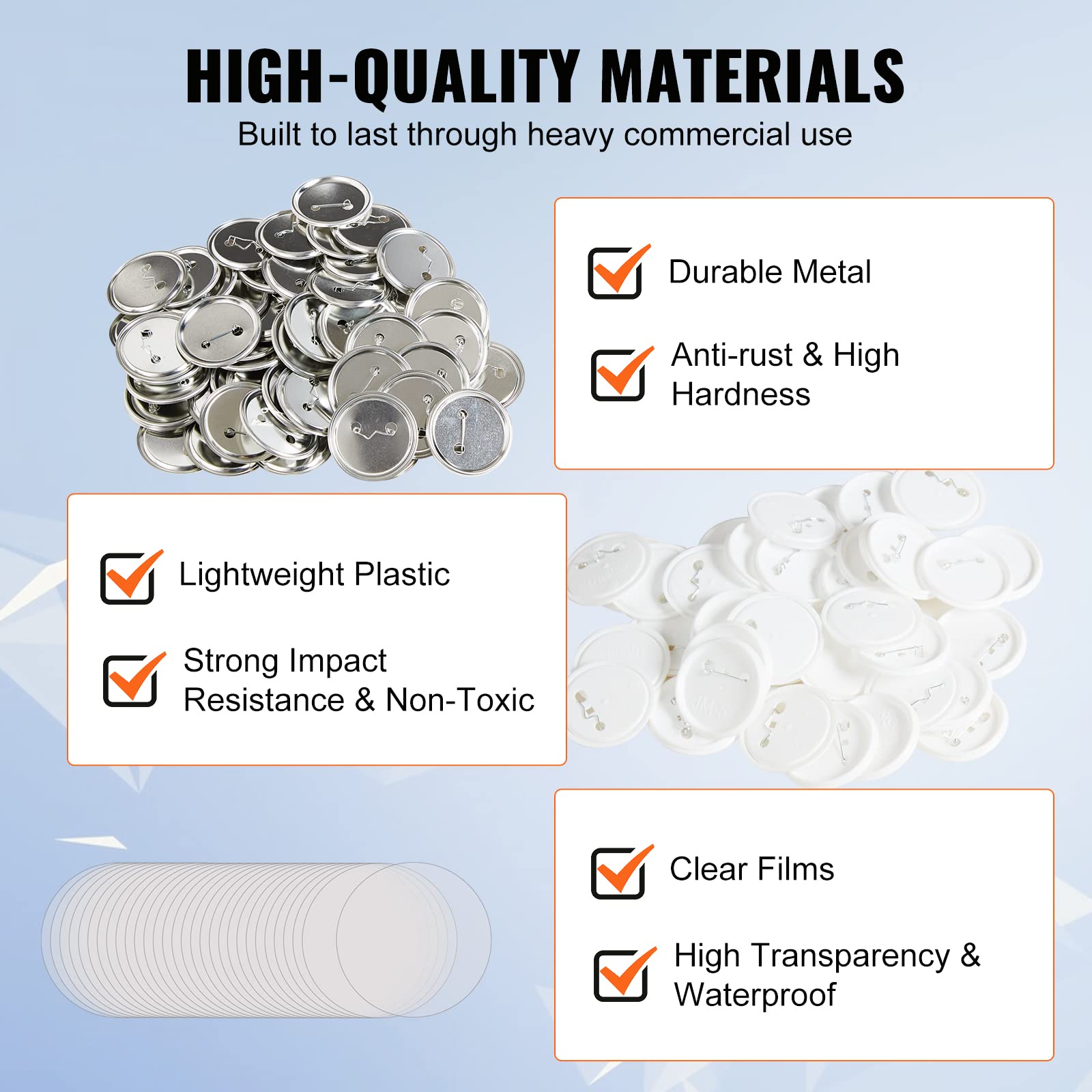 VEVOR 500 Sets 2.25 inch 58mm Pin Back Button Parts, DIY Round Button Badge Parts, Set Includes Metal Top, Plastic/Metal Button, Clear Film, and Blank Paper for Gifts Presents, Machine NOT Included