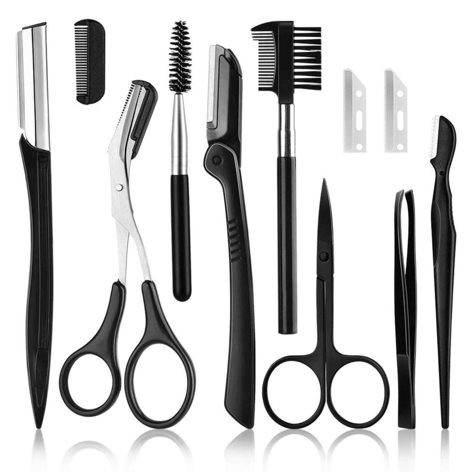 Eyebrow Grooming Kit - 11 Pcs, Black - Razor, Brush, Scissors, Trimmer, Shaver, Tweezers for Women & Men