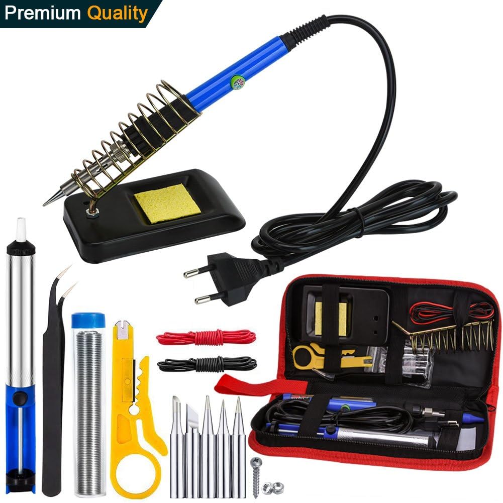 Soldering Iron Set, Vanow 60W 220V Soldering Iron Kit Welding Tool with Adjustable Temperature 200-450 ° C Soldering Set, 5PCS Soldering Tips, Desoldering Pump, Soldering Iron Stand, Anti-Static Tweezers and Other Soldering Set
