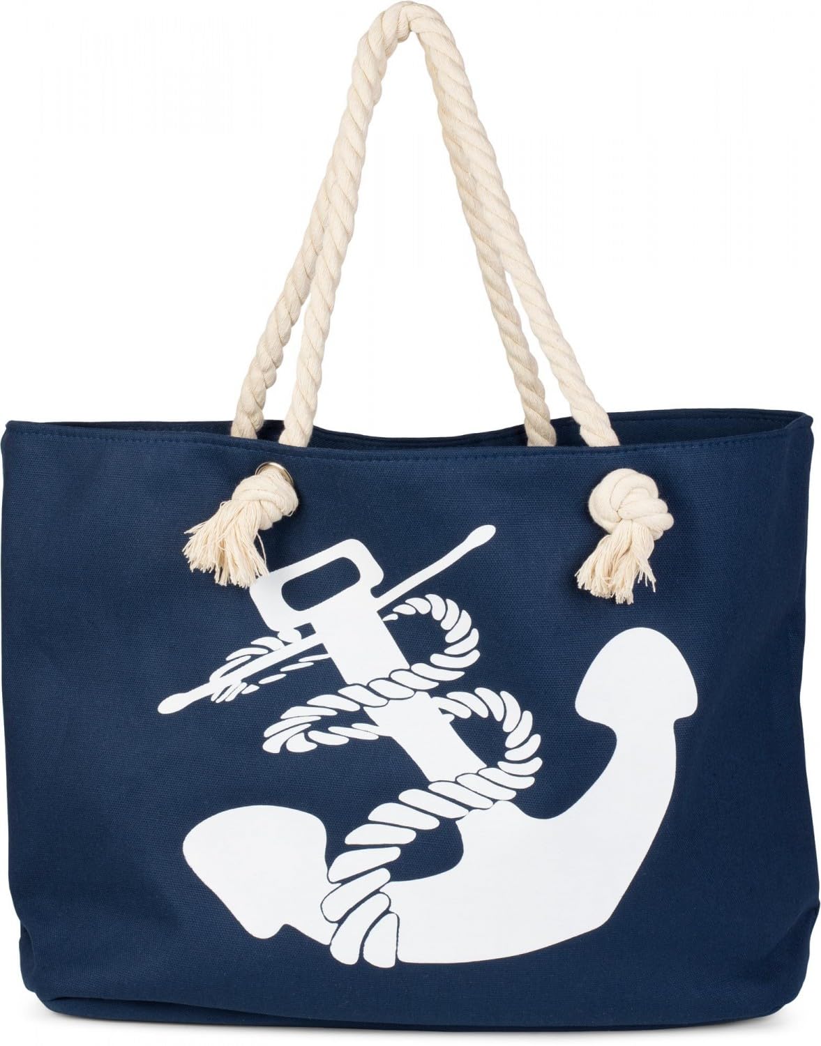 styleBREAKER braided beach bag with anchor print and zipper, shopper, spa bag, women 02012077, color:Dark Blue-White