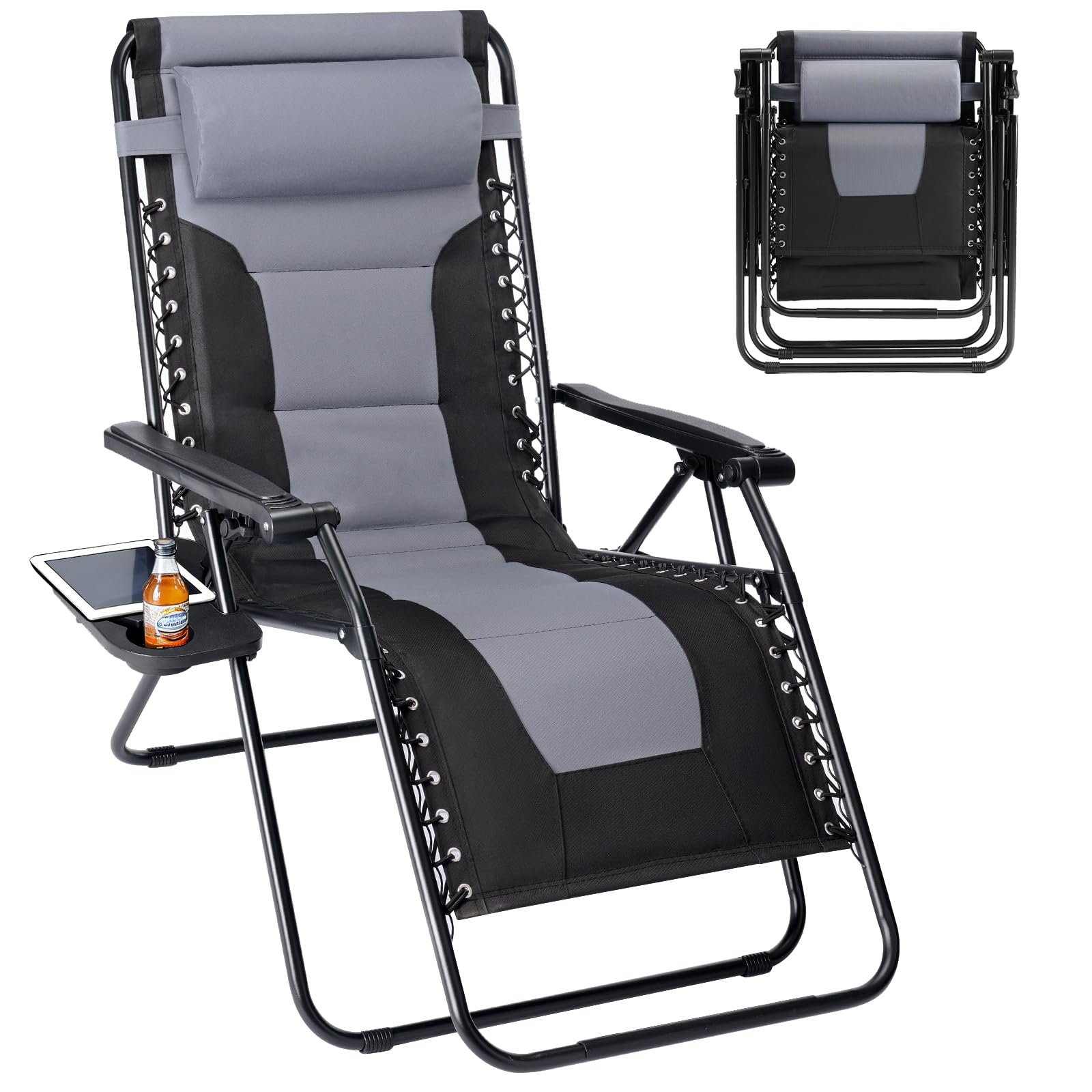 Sweetcrispy Zero Gravity Chairs, Foldable Patio Reclining Chairs with Adjustable Pillow & Cup Holder, Oversized Portable Support 400 lbs, for Backyard Camping(Black-Gray) Image