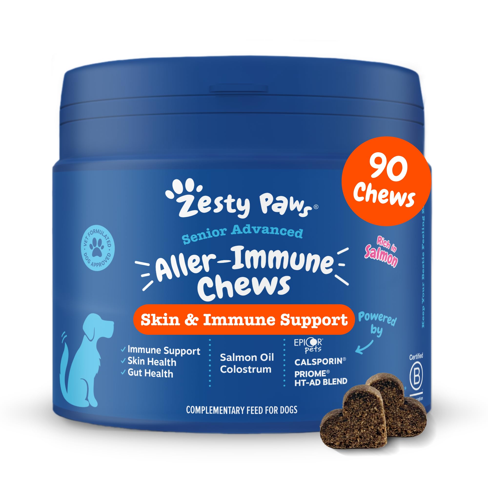 Zesty Paws Senior Aller-Immune Chews for Older Dogs | Supports Immune Function, Gut, Skin & Coat Health, For Itchy, Dry Skin | With Salmon, Probiotics, Postbiotics, Vitamin A | Daily Use | 90 Chews