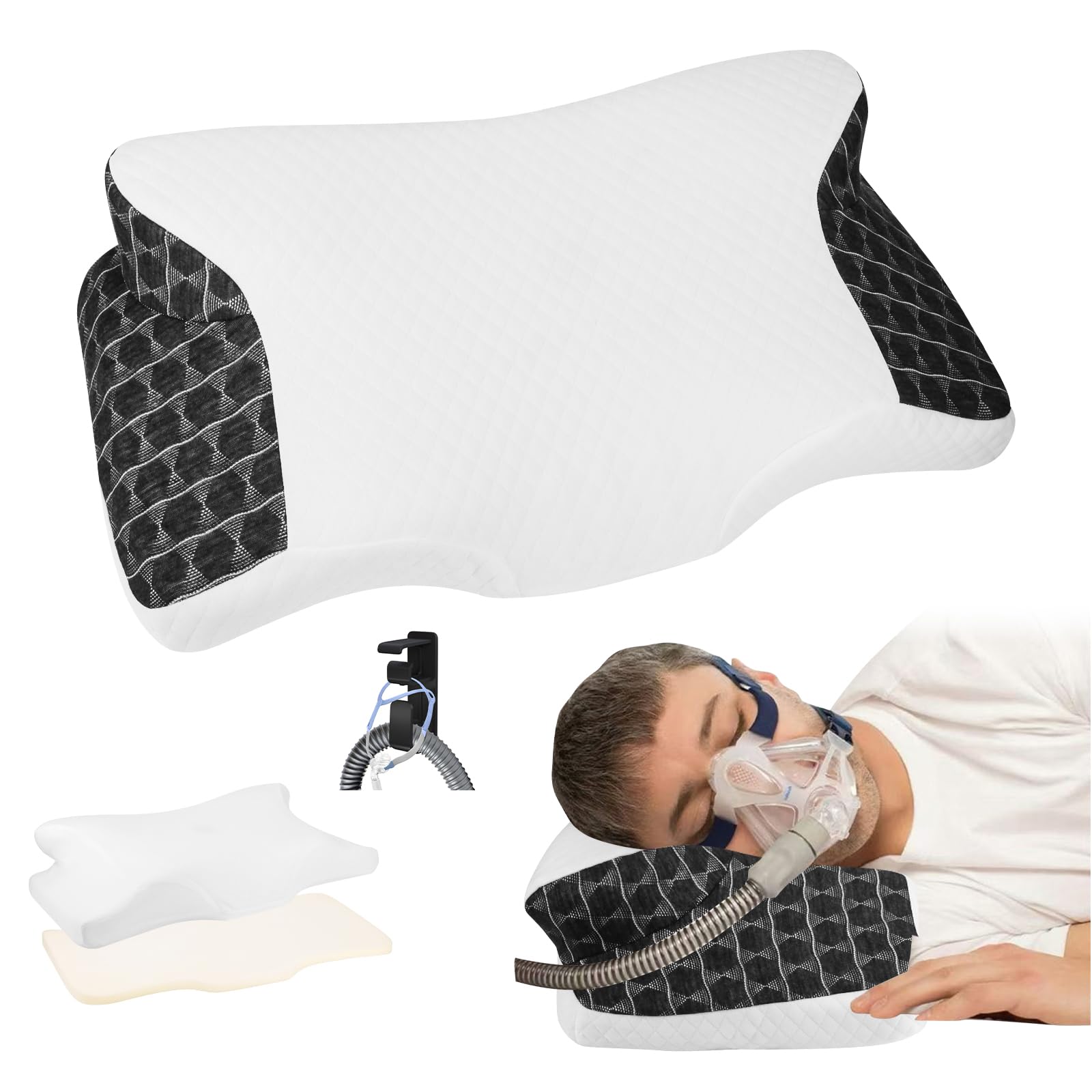 Photo 1 of Cervical Neck CPAP Pillow for Side, Stomach, Back Sleepers to Neck Pain Relief - Ergonomic Adjustable Height Memory Foam Pillow for Neck Support - Include CPAP Hose Holder-Keep The Hose Off The Floor