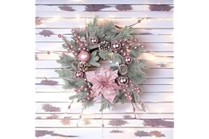 Pink Artificial Christmas Wreath Christmas Decorations,Xmas Wreath Pink White Winter Wreaths with Ball Ornaments,Frosted Wint