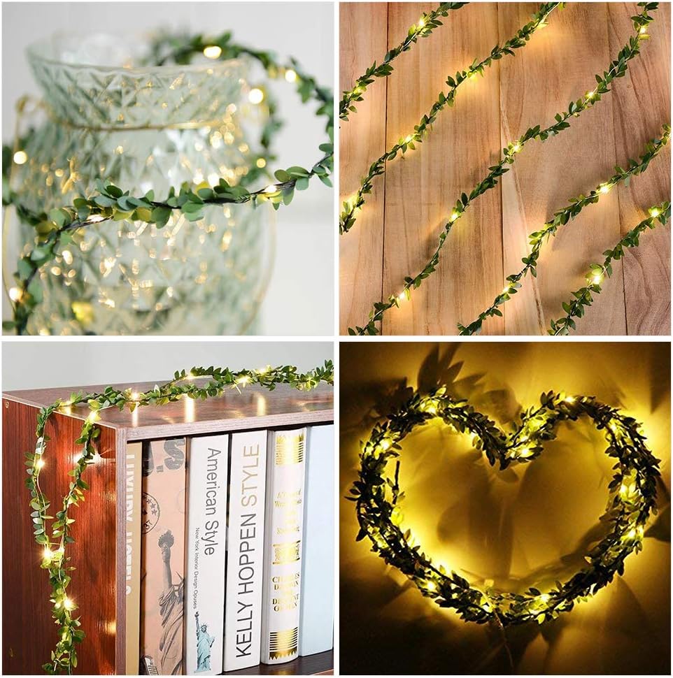 Deeabo 3m 30LED Artificial Leaf Garland, Vine Fairy Lights Realistic Leaf Wreath with String Light LED Copper Wire Green Leaf Light Cane Light String for Bedroom Wedding Decorations, Warm White