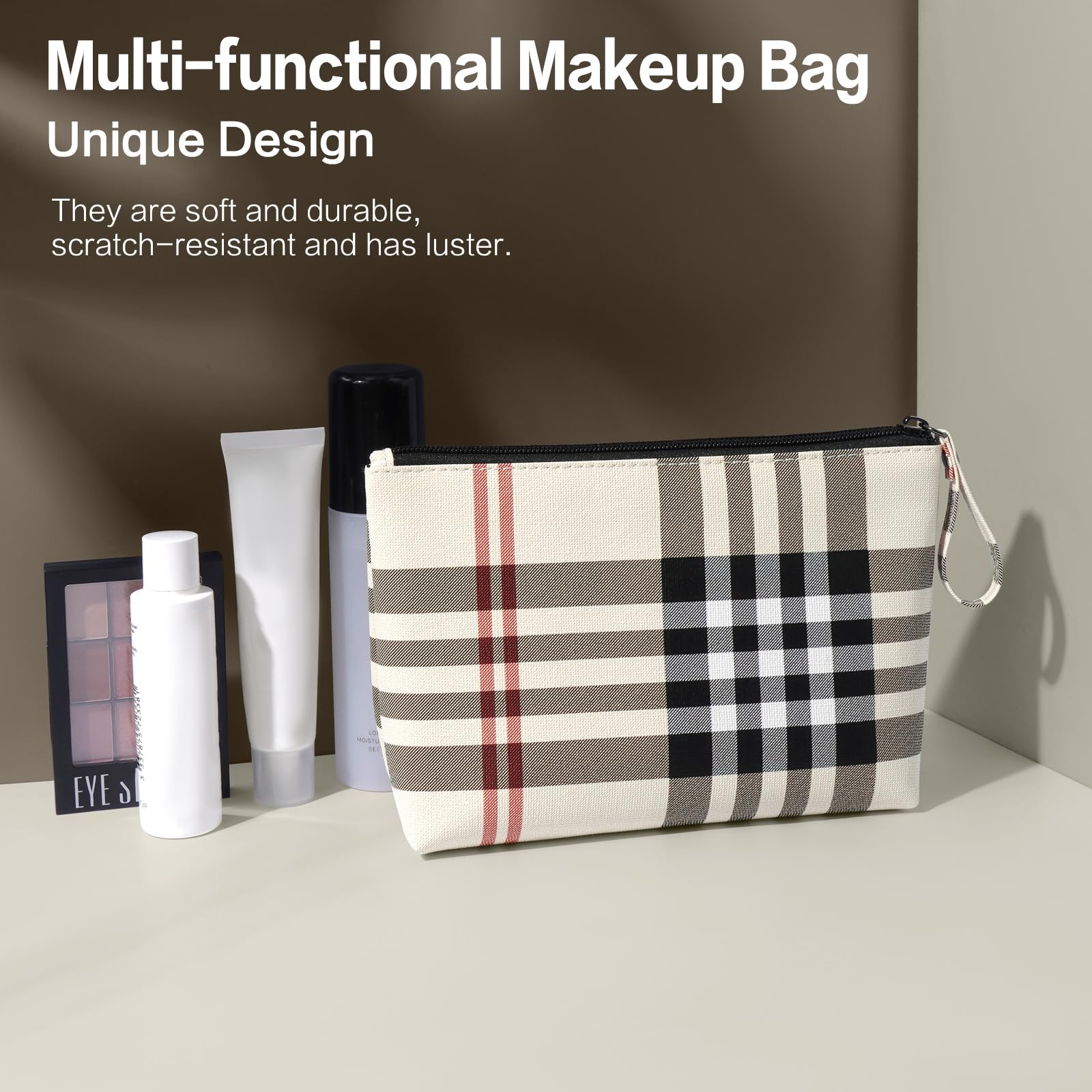 MAANGE Small Makeup Bag for Purse Cosmetic Bags for Women Pu Leather Makeup Pouch Travel Makeup Bag with Handle Make Up Bag for Travelling(Khaki)