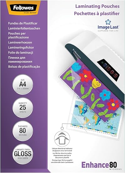 Fellowes A4 Laminating Pouches Gloss 25 Sheets 160 Micron 2x80