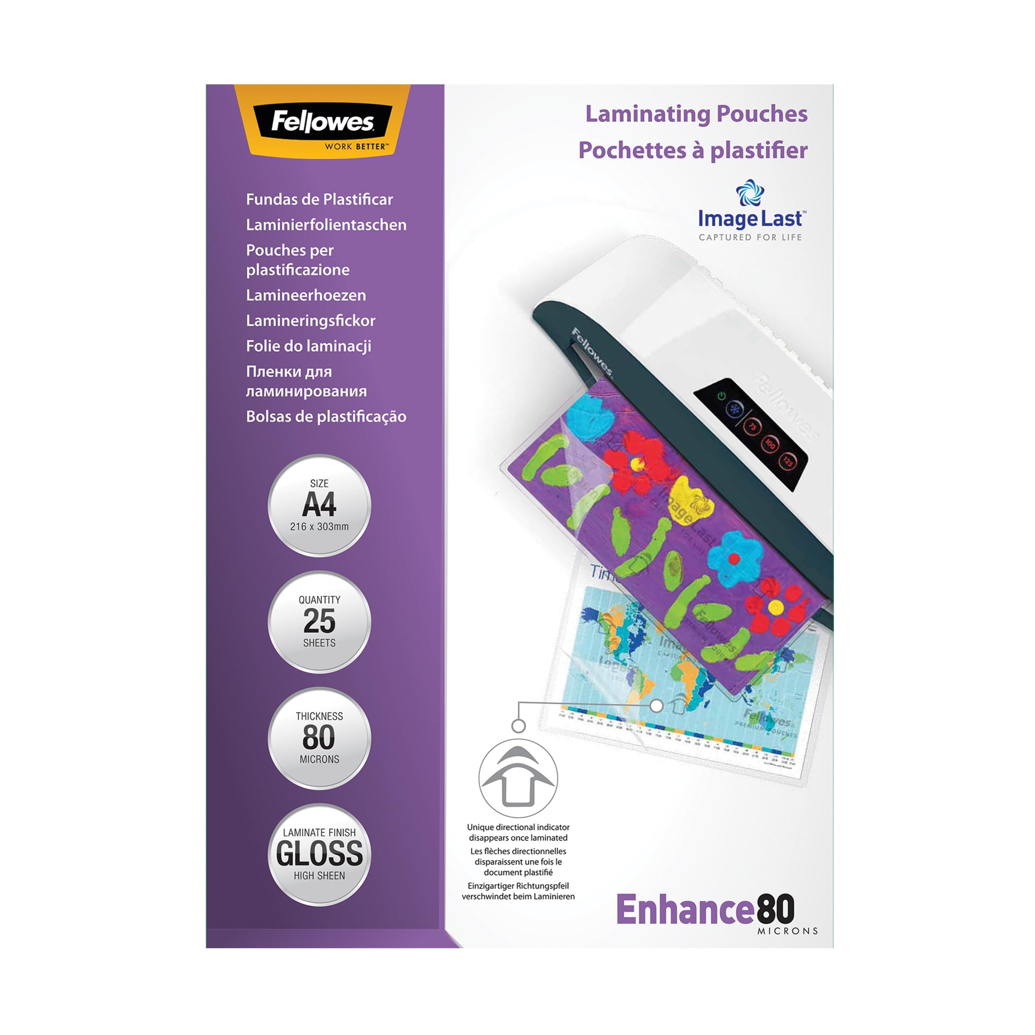 Fellowes A4 Laminating Pouches - Gloss Finish - 25 Sheets - 160 Micron (2x80) Clear & Durable Laminating Pouch with Image Last Directional Quality Mark - Ideal for Photos and Notices