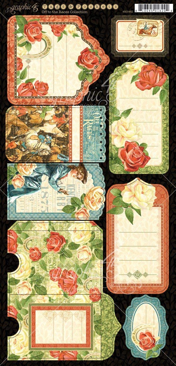 Graphic 45 Off To The Races Tags & Pockets, Paper, Multicoloured, 32.4 x 16 x 0.1 cm