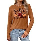 ELDPS Thanksgiving Shirt for Women: Thankful Greatful Blessed Shirts Fall Pumpkin Long Sleeve Tops