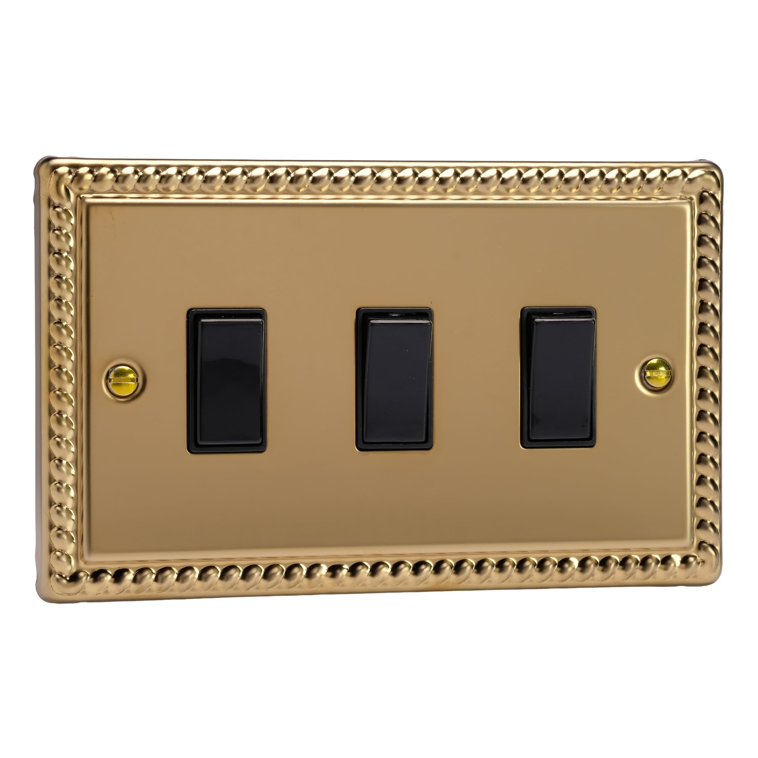 Varilight Triple Rocker Light Switch 2-Way Twin Plate - Classic Georgian Brass With Black Rockers, XG93B