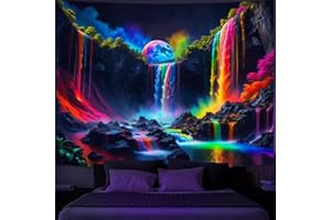 Simpkeely Blacklight Fantasy Waterfall Planet Tapestry UV Reactive Nature Tapestry Neon Landscape Mountain Wave Tapestry Wall
