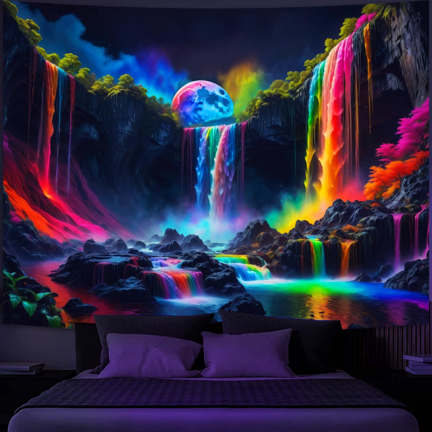 Simpkeely Blacklight Fantasy Waterfall Planet Tapestry UV Reactive Nature Tapestries Neon Landscape Mountain Wave Tapestry Wall Hanging - 180cm x 230cm