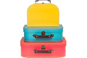 Jewelkeeper Decorative Storage Boxes Set of 3 - World Map Mini Suitcase Style Cardboard Suitcase with Brass Clasps and Handle - Ideal for Travel Decor, Event Props and Gift Presentation