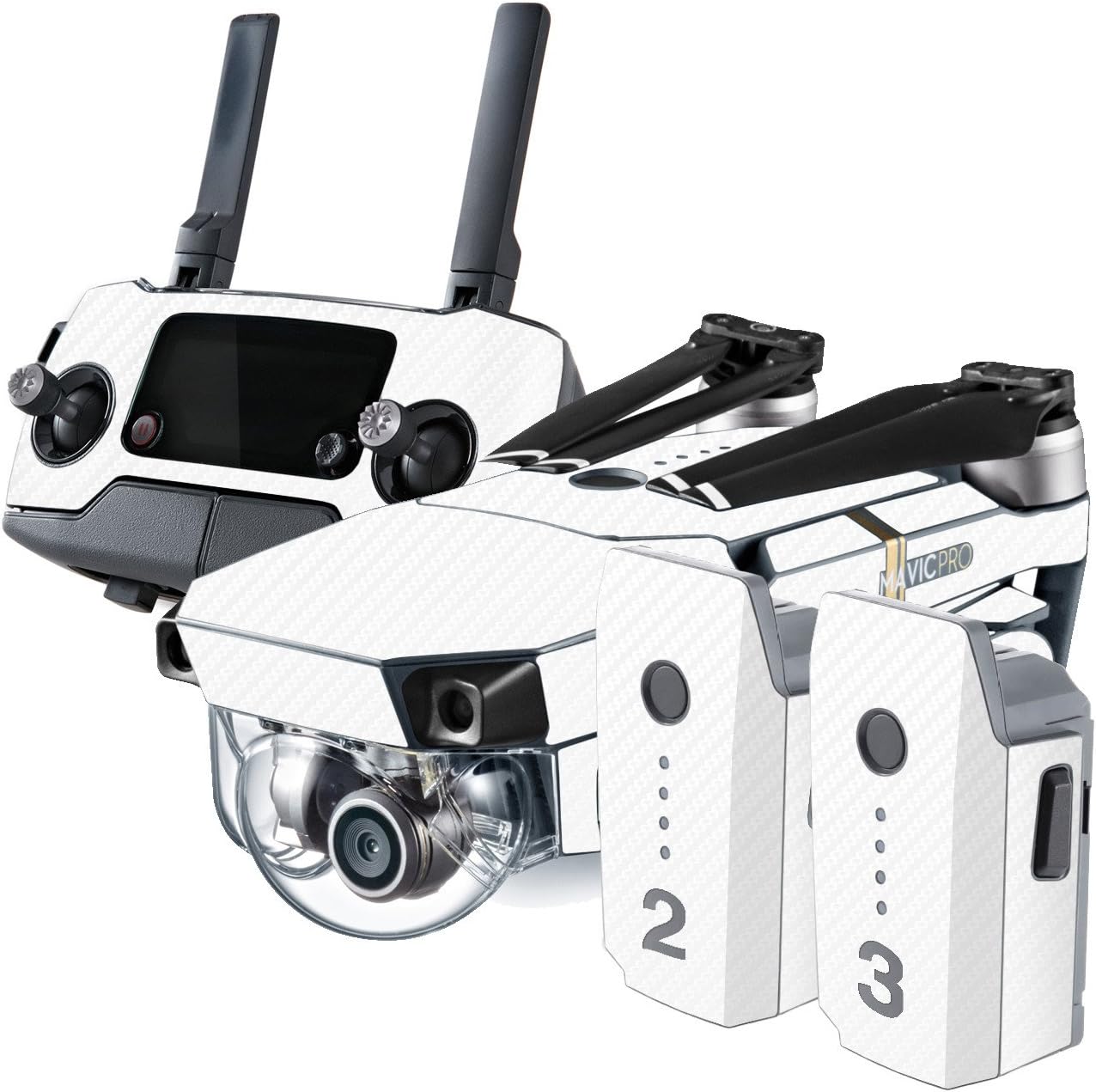 iCarbons White Carbon Fiber Skin Wrap for DJI Mavic Pro Fly More Kit including Numbered Batteries Battery