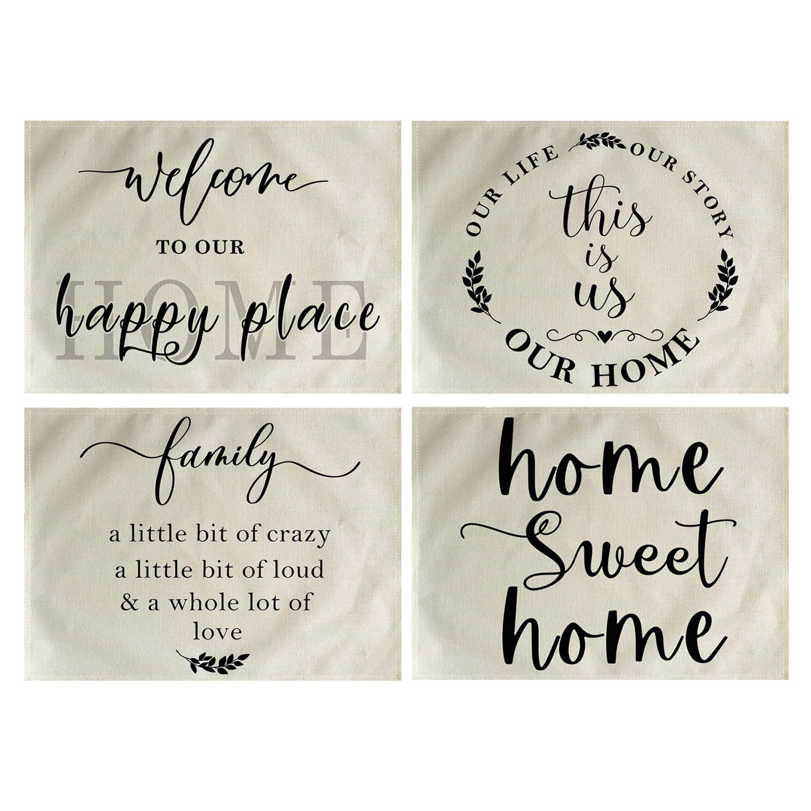 Photo 1 of 4Pack Home Sweet Home Decor Placemats Family Saying This is us Our Home with Inspirational Quotes Table Mats,Waterproof Heat Resistant Washable Non-Slip Place Mats for Dinner Room Kit (12”×16”, Multi)