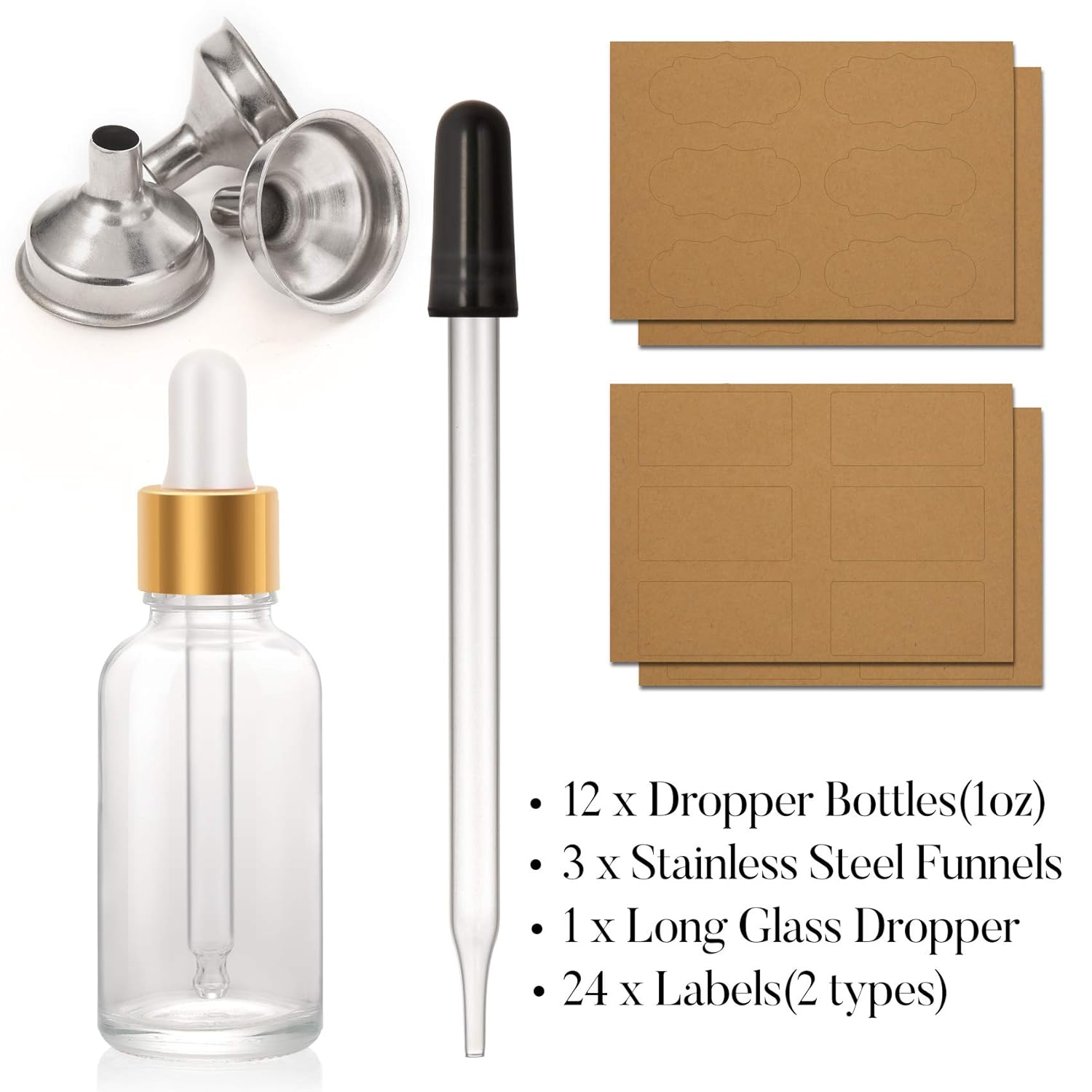 12 Pcs, 1 oz Dropper Bottles (30ml) with 3 Funnels & 1 Long Dropper - Clear Glass Bottles for Essential Oils with Eye Droppers - Tincture Bottles, Leak Proof Travel Bottles for Liquids, Golden Cap: Industrial & Scientific